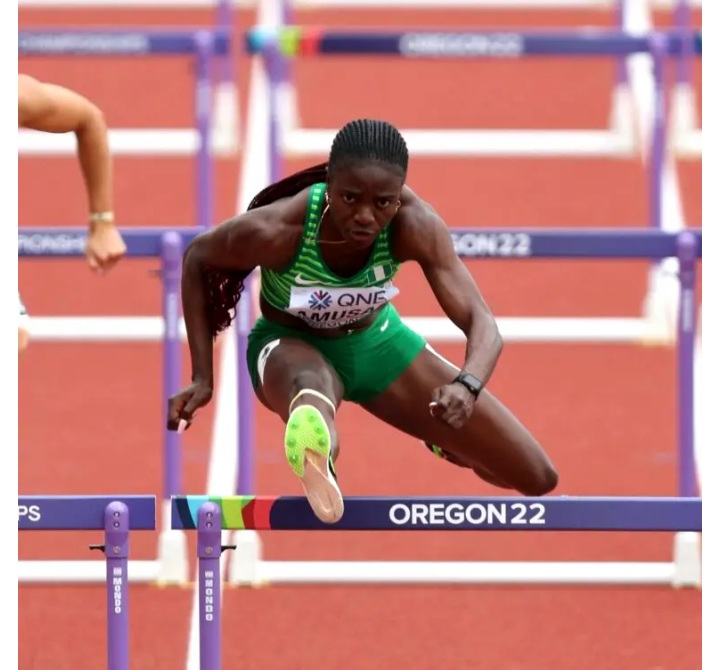 World Champion, Oluwatobiloba Amusan sheds tears of joy as the Nigerian anthem is played to celebrate her Gold medal in the 100m hurdles at the World Athletics Championships in Eugene, Oregon, USA